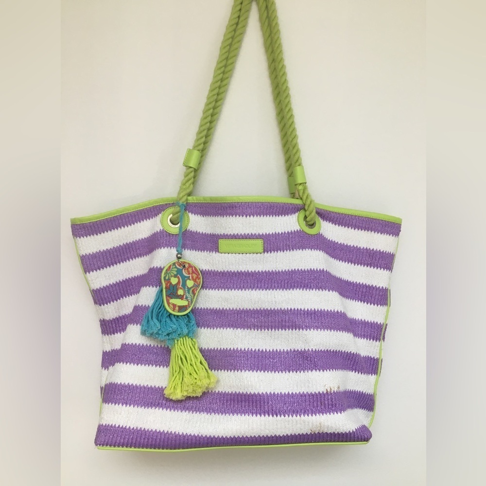Vera Bradley Striped Large Tote Beach Bag Purple Lime Green Paisley in paradise